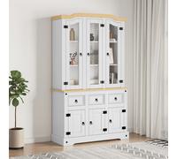 White Highboard Cabinet 112x43x196cm Solid Pine & Glass Storage Unit with Shelf