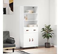 White Highboard Engineered Wood and Metal, 69.5x34x180cm, 2 Doors 2 Drawers Unit