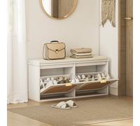 Boho Shoe Bench with Seat Cushion, 2 Flip-Drawers and Rattan Doors HOMCOM White One Size