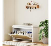(White) HOMCOM Boho Shoe Bench with Padded Seat and Flip-Drawer