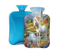 White Horse Flowers Hot Water Bottle with Cover, 2L PVC Hot Water Bag for Pain Relief, Hand Foot Warmer, Hot & Cold Therapy with Removable Cover, Gift for Women Kids Family