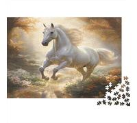 White Horse Galloping 100% Recycled Cardboard White Unicorn in Golden Forest 1000 Piece Jigsaws for Adults Unique Classic Educational Games 38x26cm/1000pcs