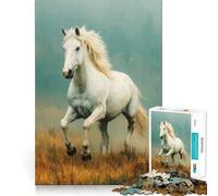 White Horse Galloping in Field 1000 Piece Teenager Puzzles Mental Focus Game Precision Cut Smooth Edges Christmas Stocking Stuffer Game (38x26cm)