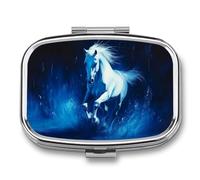 White Horse Galloping in The Dark Blue Pill Box 2 Compartment Portable Medicine Pill Case Travel Pill Organizer for Pocket Purse