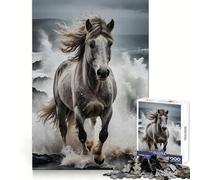 White Horse Galloping Through Ocean Waves 1000 Piece Jigsaw Puzzles for Adults Jigsaw Boost Memory Peaceful Recreation Quality Cut Memorable Gift (38x26cm)