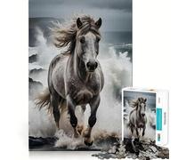 White Horse Galloping Through Ocean Waves 1000 Piece Jigsaws for Adults Brain Recall Game Tight Interlock No Gaps Calming Mental Break Activity (38x52cm)