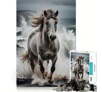 White Horse Galloping Through Ocean Waves Jigsaw 1000 Pieces for Teenagers Mind Boost Fun Zero Gap Captivating Leisure for Cozy Indoors (50x75cm)