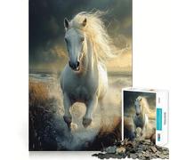 White Horse Galloping Through Water 1000 Piece Adult Puzzles Logic Puzzle Play Precision Cut Smooth Edges for Family Gatherings (50x75cm)