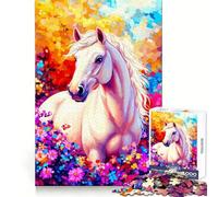 White Horse in Flowers for Adults 1000 Piece Puzzle Think Training Serene Escape Defined Edges Creative Gift (50x75cm)