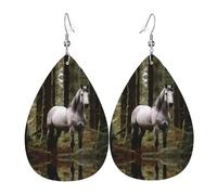 White horse in the jungle double-sided printed leather earrings int and shape of water drops, creative, light and novel, bright and vivid colors.