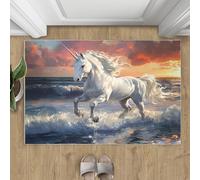 White Horse Machine Washable Rugs Living Room, 180x240cm Dreamy Animals Non Slip Floor Carpet, Ocean Waves and Sunset Soft Bedroom Area Carpet Rug for Home Decor