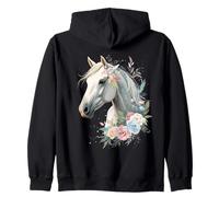 White Horse Portrait with Elegant Floral Elements Zip Hoodie