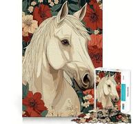 White Horse Portrait with Floral Background Jigsaw 1000 Pieces Focus Building Toy Zero Gap Rewarding Activity for Rainy Days (38x26cm)
