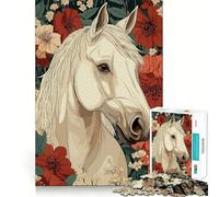 White Horse Portrait with Floral Background Jigsaw 1000 Pieces for Teenagers Mind Boost Fun Zero Gap Captivating Leisure for Cozy Indoors (50x75cm)