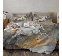 White Horse Raised Hooves Duvet Cover Set Classical Art Bedding Set with 1 Pillowcase, Gold Bedding for Children Adults 2 Pieces Soft and Comfortable Microfiber - All Seasons Use 135x200cm