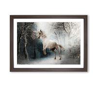 White Horse Rearing in a Winter Forest in Abstract Framed Print | A2 Walnut Framed Wall Art | Ready to Hang | Abstract Animal Picture | Living Room Bedroom Lounge Office