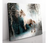 White Horse Rearing in a Winter Forest in Abstract Modern Canvas Wall Art Print Ready to Hang, Framed Picture for Living Room Bedroom Home Office Décor, 35x35 cm (14x14 Inch)