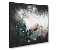 White Horse Rearing in a Winter Forest Paint Splash Canvas Print | Gallery Wrapped 30mm Frame Wall Art | 14x14 inches | Ready to Hang | Modern Animals Picture | Living Room Bedroom Lounge Office