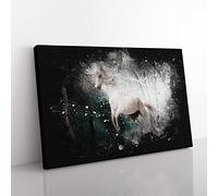 White Horse Rearing In A Winter Forest Paint Splash Modern Art Canvas Wall Art Print Ready to Hang, Framed Picture for Living Room Bedroom Home Office Décor, 60x40 cm (24x16 Inch)