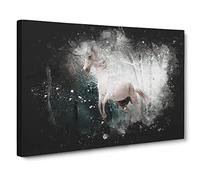 White Horse Rearing In A Winter Forest Paint Splash Modern Art Canvas Wall Art Print Ready to Hang, Framed Picture for Living Room Bedroom Home Office Décor, 20x14 Inch (50x35 cm)