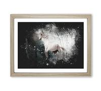 White Horse Rearing In A Winter Forest Paint Splash Modern Art Framed Wall Art Print, Ready to Hang Picture for Living Room Bedroom Home Office Décor, Oak A2 (64 x 46 cm)