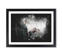 White Horse Rearing In A Winter Forest Paint Splash Modern Art Framed Wall Art Print, Ready to Hang Picture for Living Room Bedroom Home Office Décor, Black A3 (46 x 34 cm)