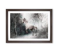 White Horse Rearing in a Winter Forest Painting Framed Print | A2 Walnut Framed Wall Art | Ready to Hang | Modern Animal Picture | Living Room Bedroom Lounge Office