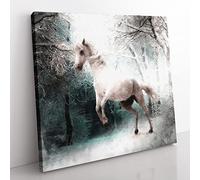 White Horse Rearing in a Winter Forest Painting Modern Canvas Wall Art Print Ready to Hang, Framed Picture for Living Room Bedroom Home Office Décor, 35x35 cm (14x14 Inch)