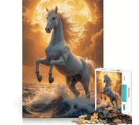 White Horse Rearing in Ocean Waves Jigsaw 1000 Pieces for Teenagers Memory Train Fun Clean Seamless Connection Relaxing Indoor Group Activity (50x75cm)