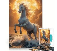 White Horse Rearing in Ocean Waves Jigsaw Puzzles for Adults 1000 Mind Boost Game Uniform Size Precise Pieces Travel-friendly Brain Game Gift (38x26cm)