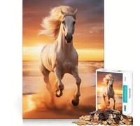 White Horse Running on Beach Jigsaw 1000 Pieces Focus Building Toy Zero Gap Rewarding Activity for Rainy Days (50x75cm)