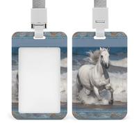 White Horse Running on The Sea Badge Holder with Lanyard - Waterproof Hard Plastic ID Card Holder Professional Name Tag Vertical ID Card Name Badge for Office Nurse Doctor Teacher