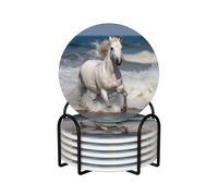 White Horse Running on The sea Coasters Set of 6 Ceramic Coaster with Holder Absorbent Coasters for Drinks Heat Resistant Coffee Table Coasters Cup Pad for Kitchen Office Home Decoration