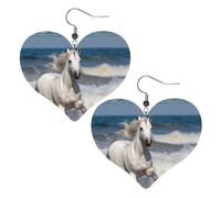 White horse running on the sea Leather Earrings for Women Heart Earring Lightweight Dangle Earrings Jewelry Gifts