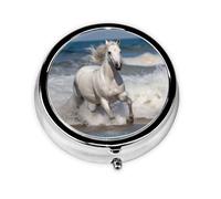 White Horse Running on The sea Pill Case with Mirror Retro 3 Compartment Pill Box Small Pill Organizer for Purse or Pocket Decorative Metal Medicine Vitamin Organizer Unique Gifts