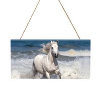 White Horse Running on the sea Rectangular MDF Wood Plaque Wall Art with Full Print and Hanging Rope for Home Wall Decor, Farmhouse Sign for Door, Window or Wall (Multiple Sizes)