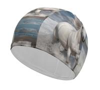 White Horse Running on The Sea Swim Cap Unisex Adult Swimming Cap Non Slip Pool Hat Comfortable Durable Easy to Put On and Off Waterproof Swim Hat Keep Hair Dry