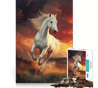 White Horse Running Sunset Jigsaw Puzzle 1000 Think Boost Game Tight Lock No Loose Pieces Interactive Brain Challenge for Home (38x52cm)