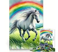 White Horse Running Through Rainbow Jigsaw for Teenagers1000 Pieces Mental Sharpness Calm Leisure Precise Fit (38x26cm)