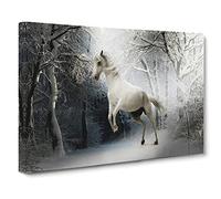 White Horse Snowy Forest Modern Canvas Wall Art Print Ready to Hang, Framed Picture for Living Room Bedroom Home Office Décor, 20x14 Inch (50x35 cm)
