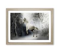 White Horse Snowy Forest Modern Framed Print | A3 Oak Framed Wall Art | Ready to Hang | Modern Animal Picture | Living Room Bedroom Lounge Office