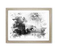 White Horse Snowy Forest V4 Modern Framed Print | A2 Oak Framed Wall Art | Ready to Hang | Modern Animal Picture | Living Room Bedroom Lounge Office