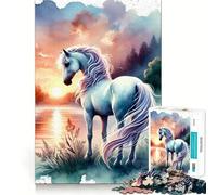 White Horse Sunset 1000 Piece Teenager Puzzles Mental Focus Game Precision Cut Smooth Edges Christmas Stocking Stuffer Game (38x52cm)