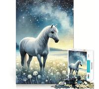 White Horse Under Starry Sky Jigsaw Puzzles 1000 Recall Fun Play Burr Free Clean Cut Pieces Portable Travel Friendly Fun Game (50x75cm)