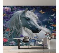 White Horse Wallpaper - Butterfly Floral Fantasy Horse Wall Mural 250x175 cm (W x H), Non-Woven Photo Wallpaper Mural for Bedroom, Living Room, Hallway, Home Decor Y&W29