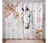 White Horse Window Drapes Girls Chic Pink Floral Flowers Curtains Watercolor Wild Animal Design Window Treatments for Children Teens Bedroom Decor Wildlife Window Curtain W66*L90