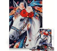 White Horse with Feathers And Flowers Jigsaw for Teenagers 1000 Pieces Mind Recall Soft Distraction Firm Interlock Holiday Treat (50x75cm)