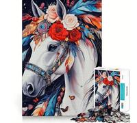 White Horse with Feathers And Flowers Jigsaw Puzzle 1000 Mental Recall Game High Accuracy Cutting Craft Interactive Brain Challenge for Home (38x26cm)