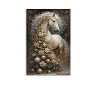 White Horse With Festive Christmas Tree Decor Wall Art, Elegant Holiday Animal Decor Canvas Print for Room And Living Room Artistic Wall Mural Modern Hanging Decor Poster12x18inch(30x45cm)
