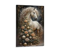White Horse With Festive Christmas Tree Decor Wall Art, Elegant Holiday Animal Decor Canvas Print for Room And Living Room Artistic Wall Mural Modern Hanging Decor Poster12x18inch(30x45cm)